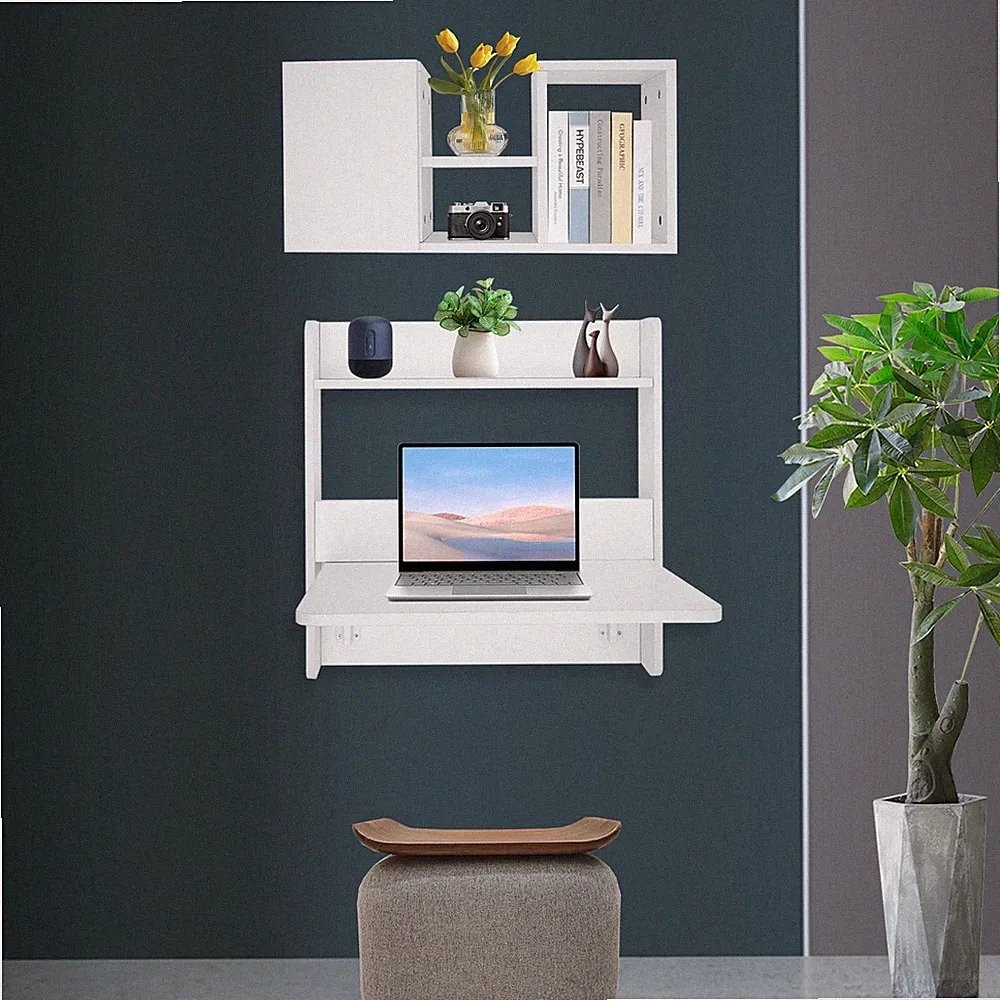 2-tier Wall Mounted Bookshelf Folding Space Saving Table Fold Down Laptop Desk
