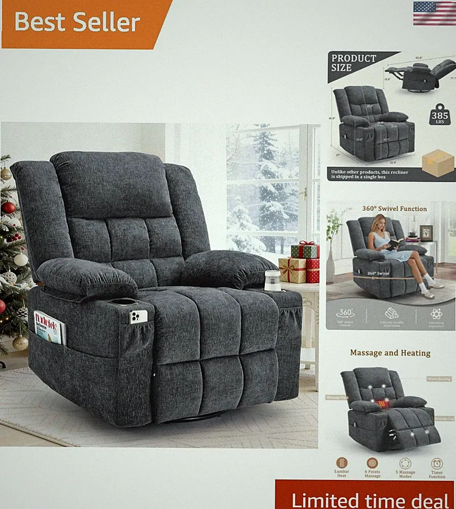 360° Swivel Rocker Recliner for Adults, Nursery Glider Recliner with Massage...