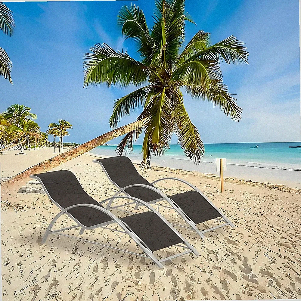 3PCS Aluminum Patio Reclining Chaise Lounge Chairs Set w/ Table Pool Beach Deck
