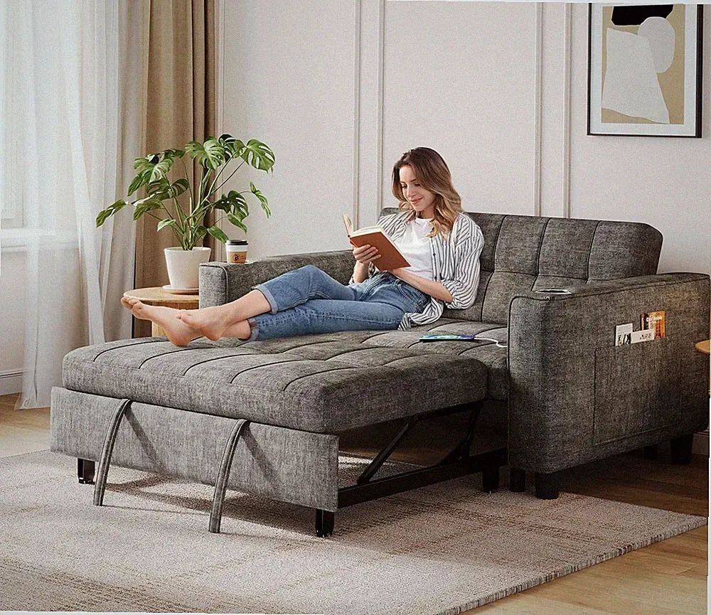 54" Pull Out Couch with Charging Station, Small Sleeper Sofa Bed with Cup Holder