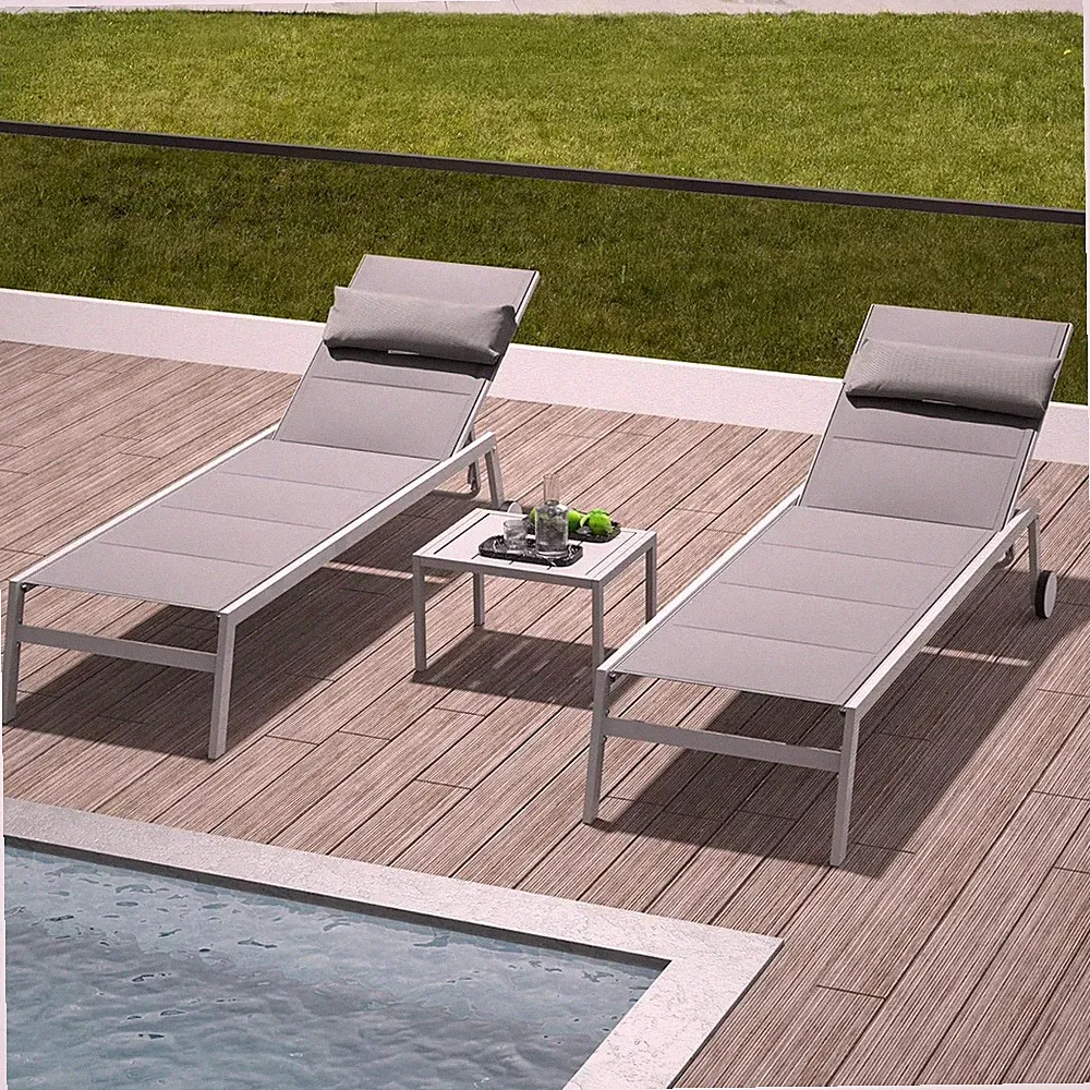 Domi Patio Chaise Lounge Set of 3,Aluminum Pool Lounge Chair w/Wheel&Table,Gray