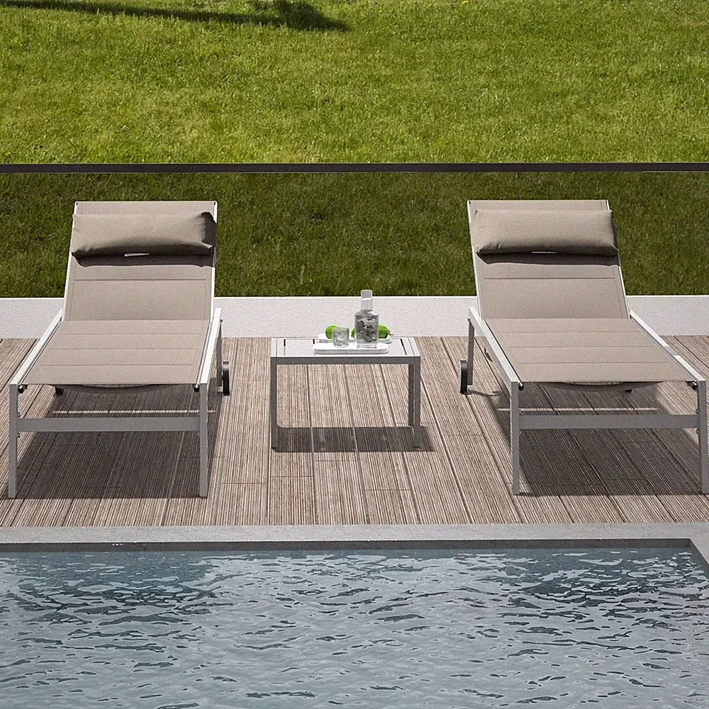 Domi Patio Chaise Lounge Set of 3,Aluminum Pool Lounge Chair w/Wheel&Table,Khaki