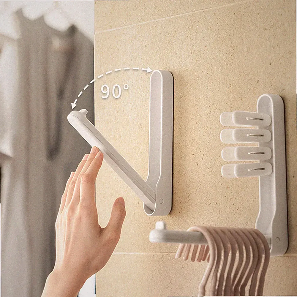 Folding Clothes Hanger Wall Mount Retractable Cloth Drying Rack Space Saving
