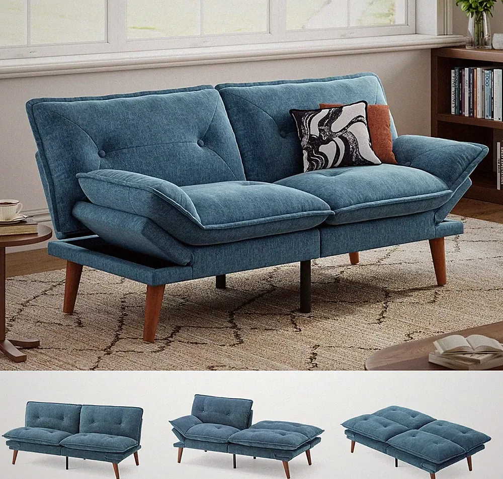 Futon Sofa Bed, 70" Chenille Futon Couch with Adjustable Backrest Armrest, 3 in
