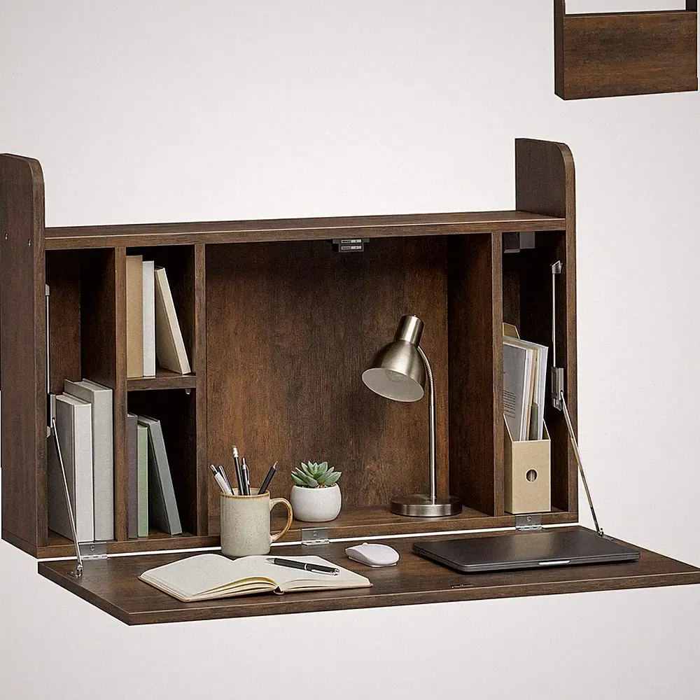 HOMCOM Wall Mounted Table w/ Space Saving Storage Compartments, Dark Brown