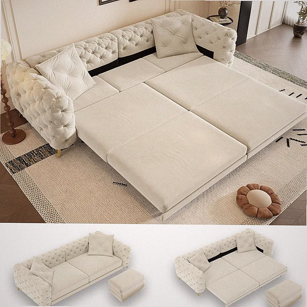 Ivory Beige Velvet Chesterfield Sofa Bed & Ottoman for Small Spaces
