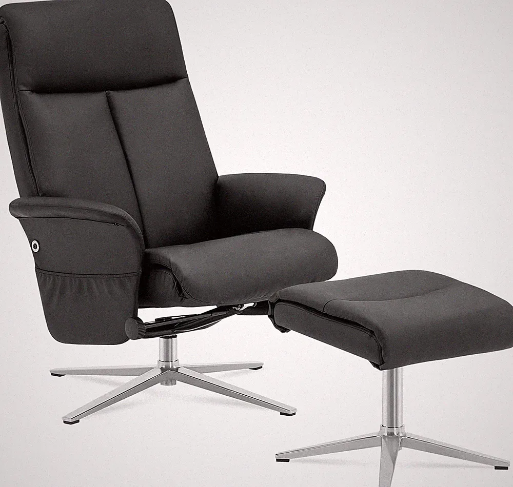 Modern Swivel Recliner with Ottoman, Faux Leather, Space-Saving Design - Black