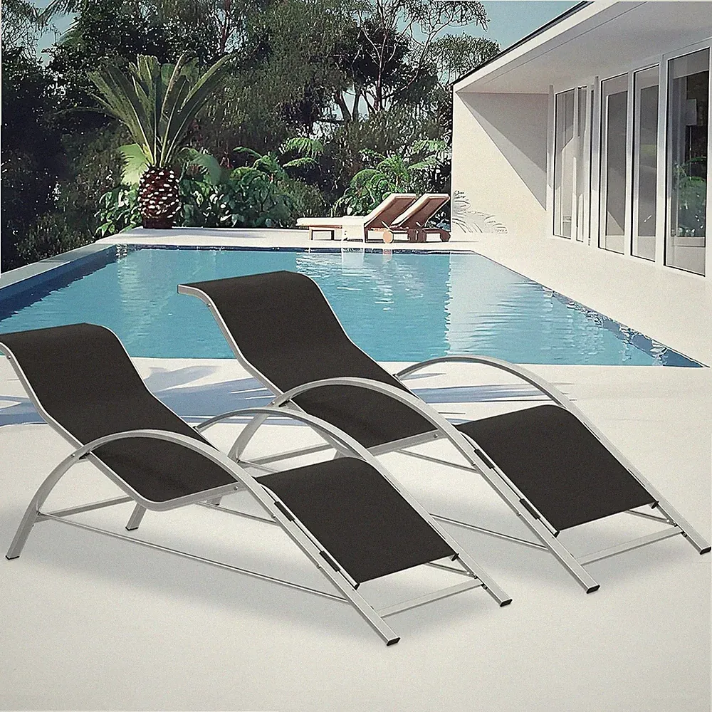Outdoor Patio Chaise Lounge Set of 2 Aluminum Recliner Chairs w/Armrests &T able