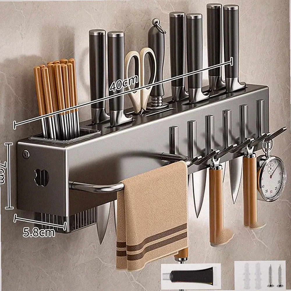 Space Saving Wall Mounted Cutlery Rack with Hooks for Kitchen Accessories