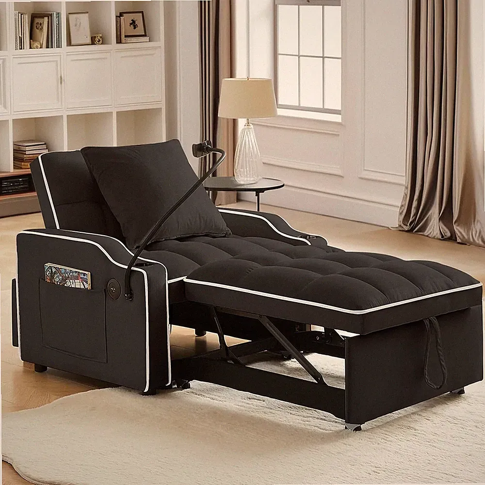 Stylish Black Velvet Sleeper Sofa Chair Bed with USB Ports & Cup Holder