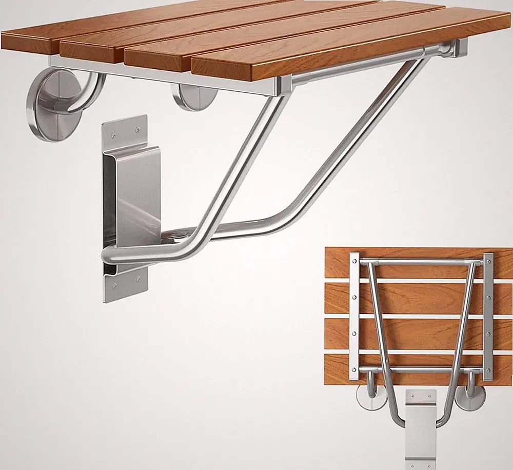 Teak Wood Folding Shower Seat & Chair - Space-Saving Wall-Mounted Bench